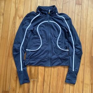 Lululemon Navy Blue Full Zip Track Jacket White Piping Thumbholes Mock Neck